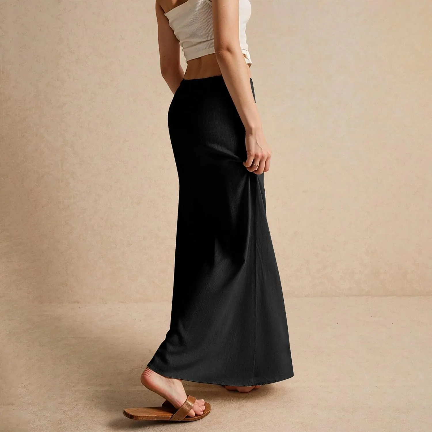 Linen Skirts for Women Trendy Summer Boho Flowy Low Waisted Drawstring Maxi Skirt Cute Casual A Line Skirts
