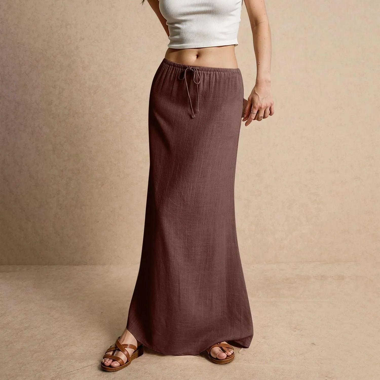 Linen Skirts for Women Trendy Summer Boho Flowy Low Waisted Drawstring Maxi Skirt Cute Casual A Line Skirts