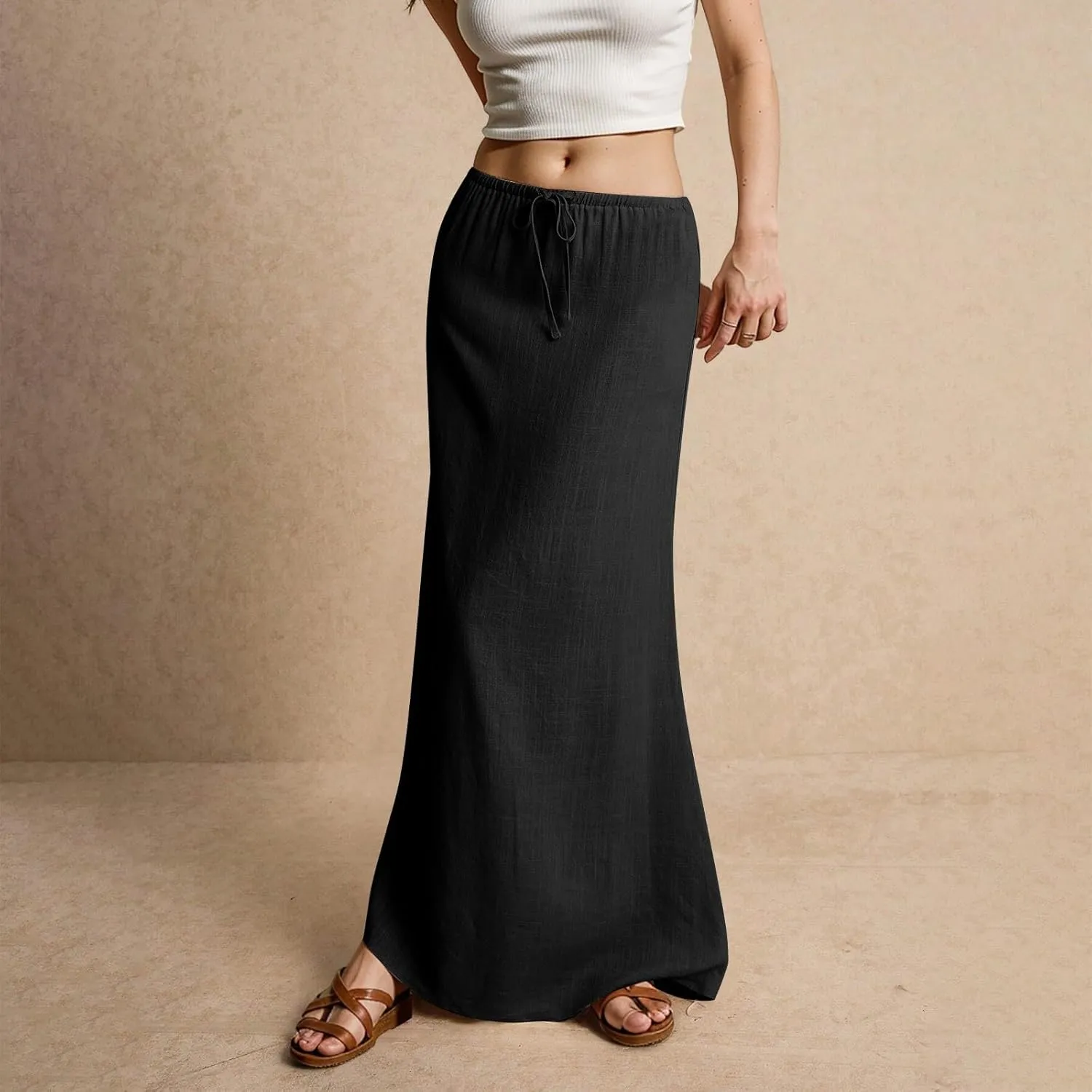 Linen Skirts for Women Trendy Summer Boho Flowy Low Waisted Drawstring Maxi Skirt Cute Casual A Line Skirts