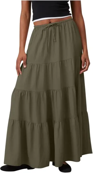 Long Flowy Skirts for Women Boho Summer Tiered Skirts Drawstring Waist Casual Maxi Skirts A Line Beach Skirts