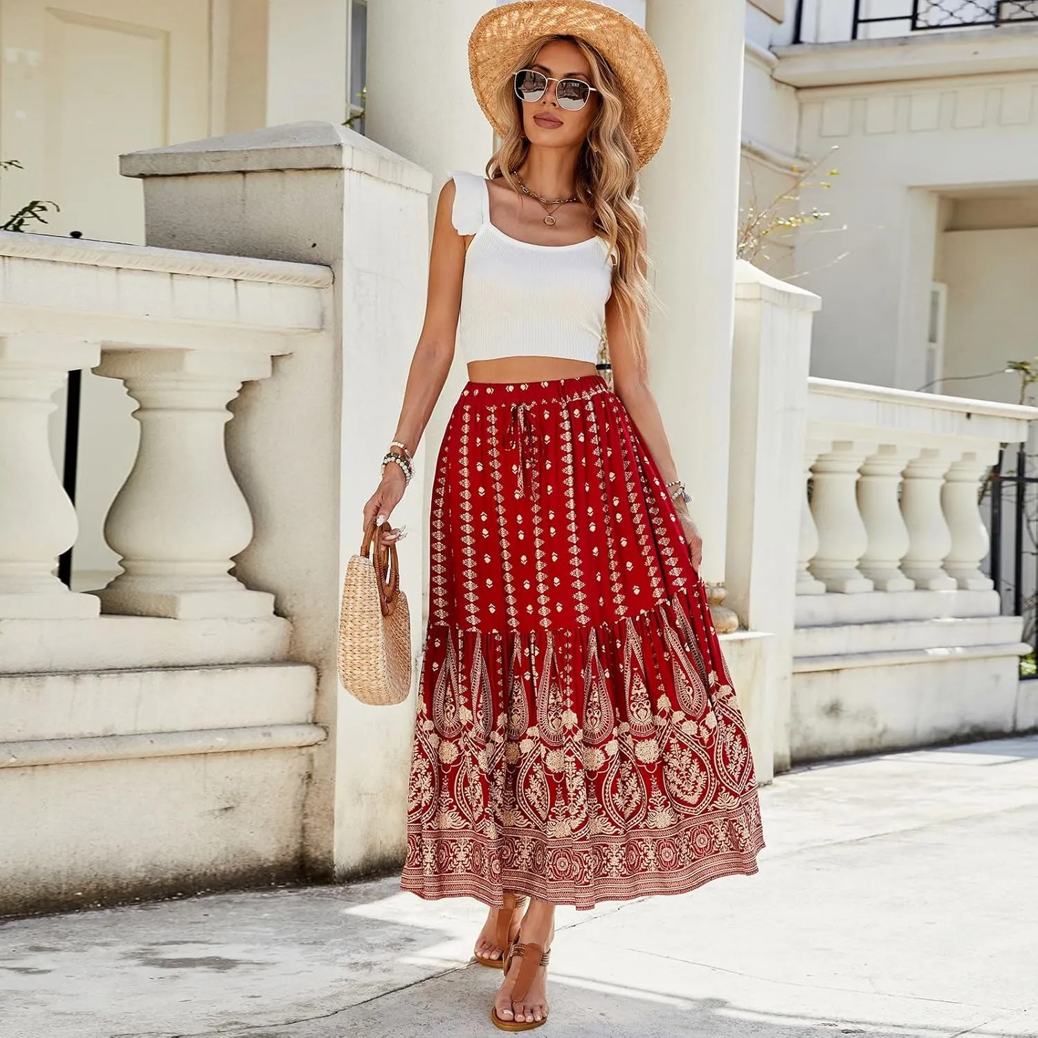 Long Skirts for Women, Flowy Maxi Skirts 2025 Trendy Plus Size Boho Skirt Spring Summer Beach Vacation