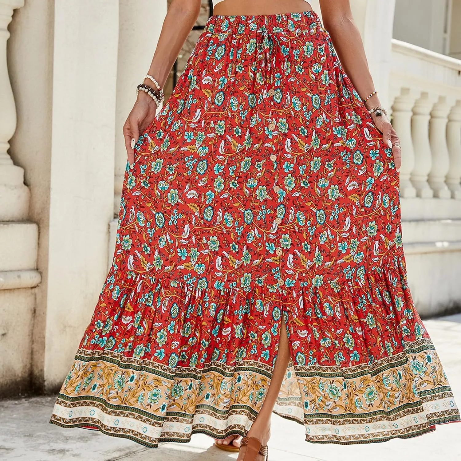 Long Skirts for Women,Beach Vacation Flowy Maxi Skirts 2025 Trendy Elastic Waist Boho Skirt Spring Summer Easter