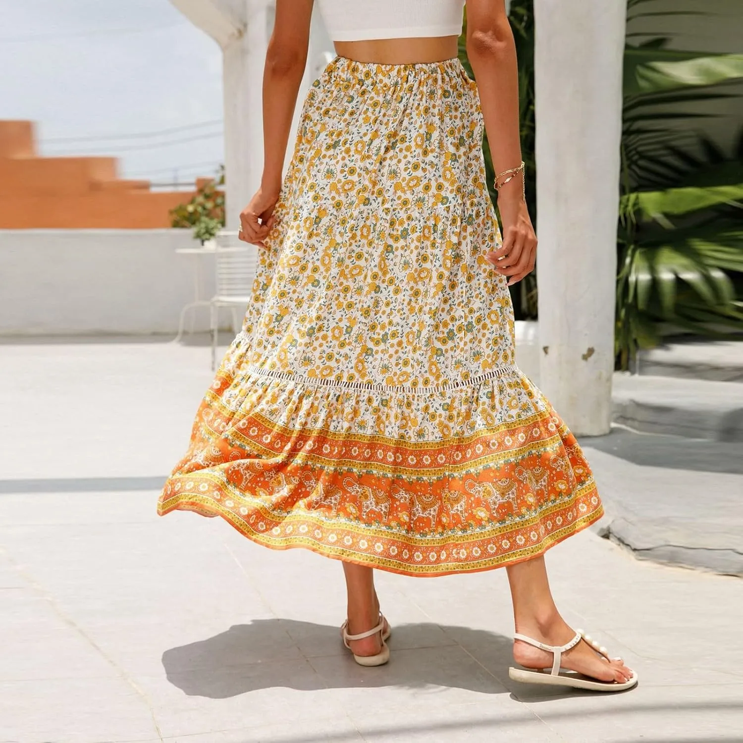 Long Skirts for Women,Beach Vacation Flowy Maxi Skirts 2025 Trendy Elastic Waist Boho Skirt Spring Summer Easter