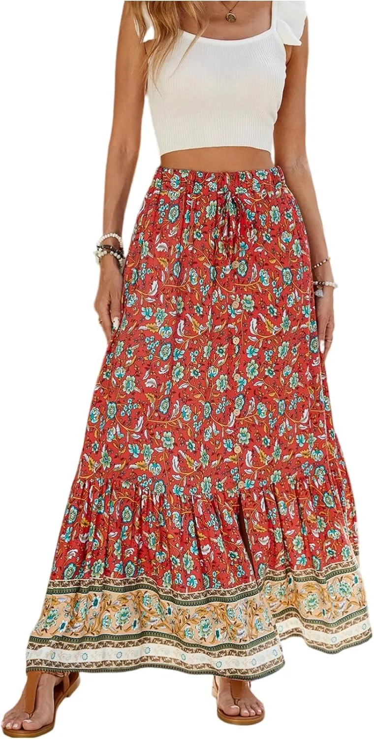 Long Skirts for Women,Beach Vacation Flowy Maxi Skirts 2025 Trendy Elastic Waist Boho Skirt Spring Summer Easter