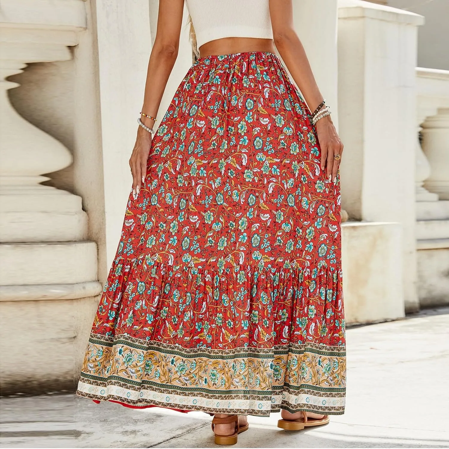 Long Skirts for Women,Beach Vacation Flowy Maxi Skirts 2025 Trendy Elastic Waist Boho Skirt Spring Summer Easter