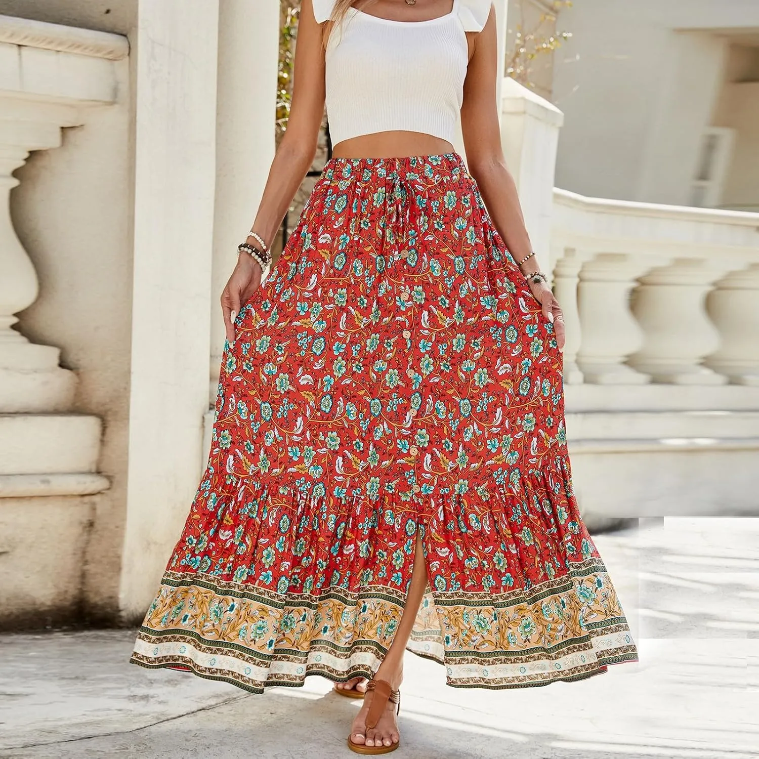 Long Skirts for Women,Beach Vacation Flowy Maxi Skirts 2025 Trendy Elastic Waist Boho Skirt Spring Summer Easter