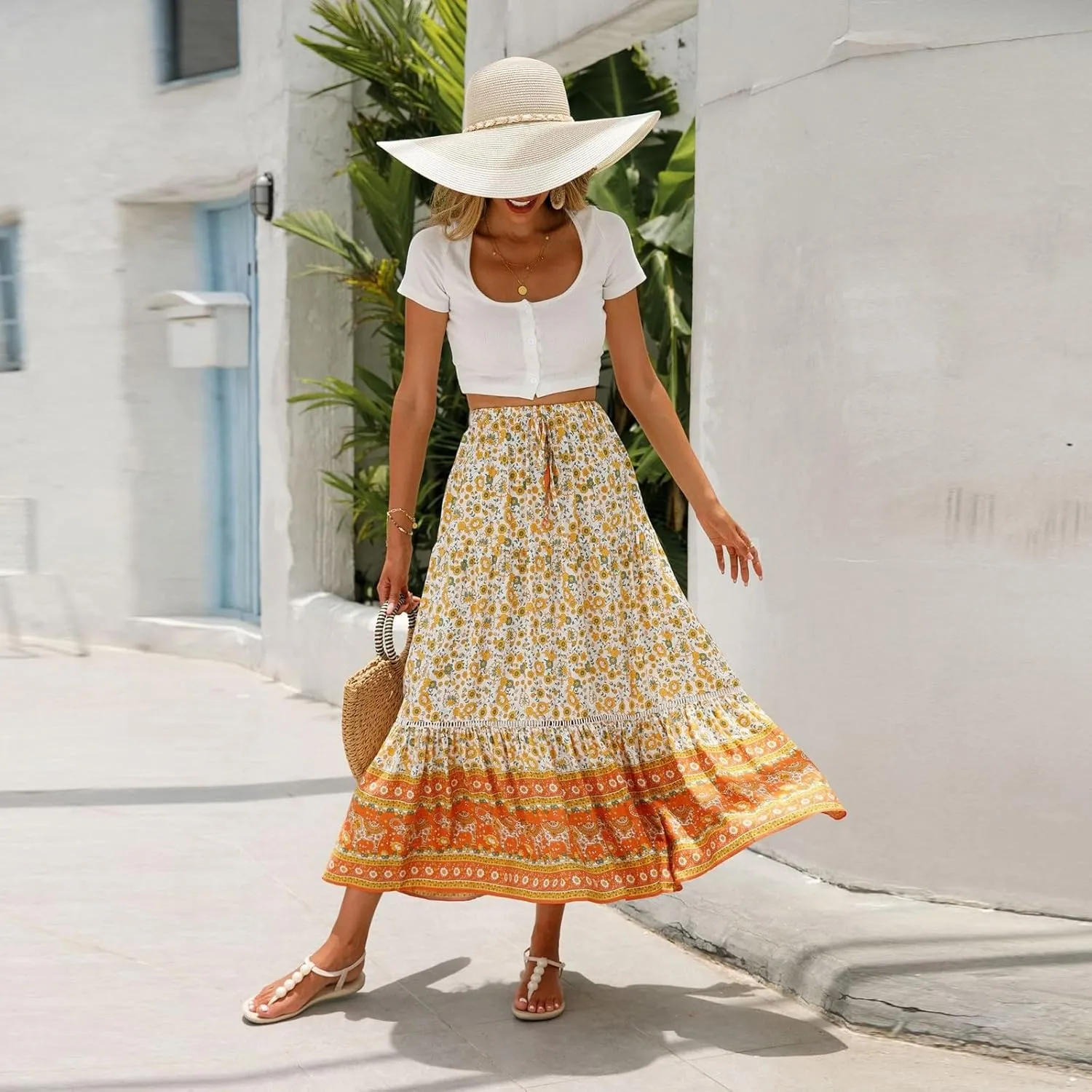 Long Skirts for Women,Beach Vacation Flowy Maxi Skirts 2025 Trendy Elastic Waist Boho Skirt Spring Summer Easter