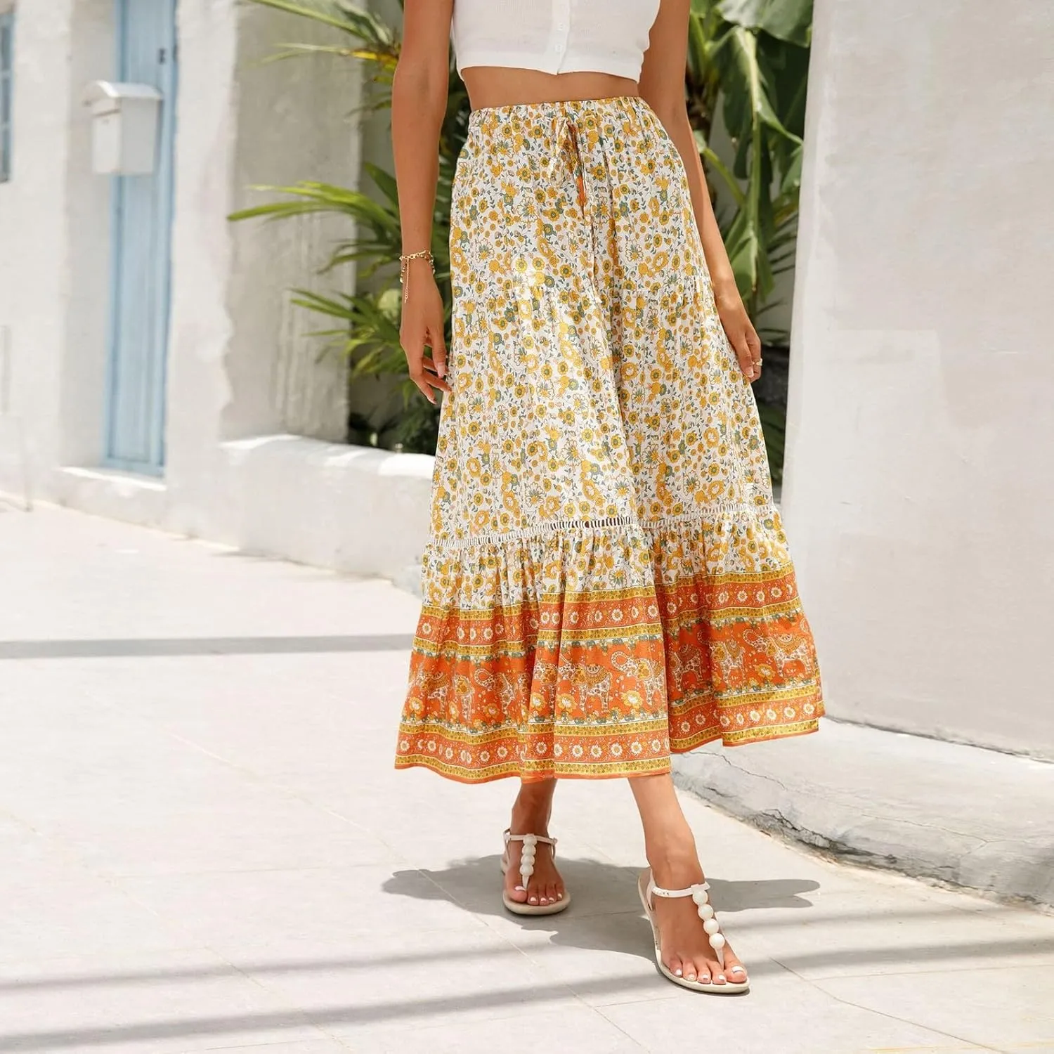Long Skirts for Women,Beach Vacation Flowy Maxi Skirts 2025 Trendy Elastic Waist Boho Skirt Spring Summer Easter