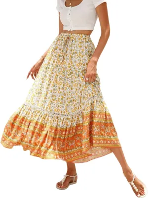 Long Skirts for Women,Beach Vacation Flowy Maxi Skirts 2025 Trendy Elastic Waist Boho Skirt Spring Summer Easter