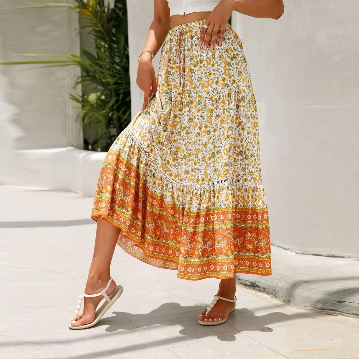 Long Skirts for Women,Beach Vacation Flowy Maxi Skirts 2025 Trendy Elastic Waist Boho Skirt Spring Summer Easter
