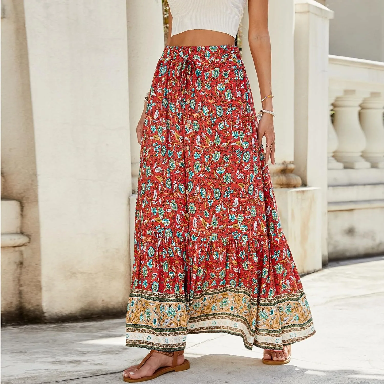 Long Skirts for Women,Beach Vacation Flowy Maxi Skirts 2025 Trendy Elastic Waist Boho Skirt Spring Summer Easter