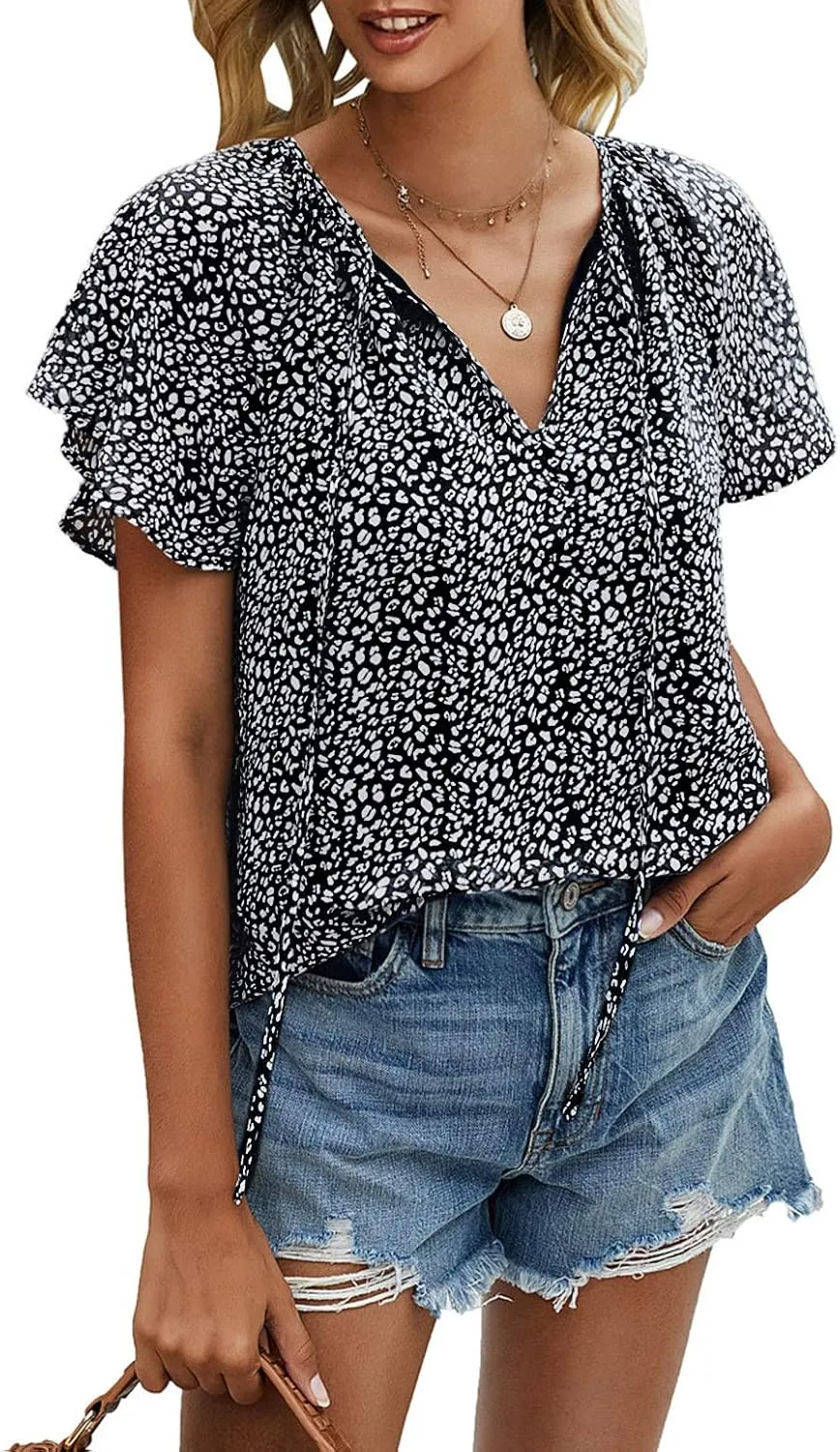 Mansy Women's Casual Floral Print V Neck Ruffle Short Sleeve Summer Shirts Tops Loose Blouses