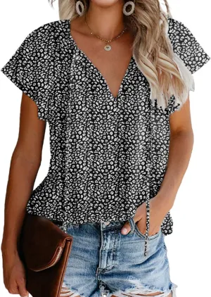 Mansy Women's Casual Floral Print V Neck Ruffle Short Sleeve Summer Shirts Tops Loose Blouses
