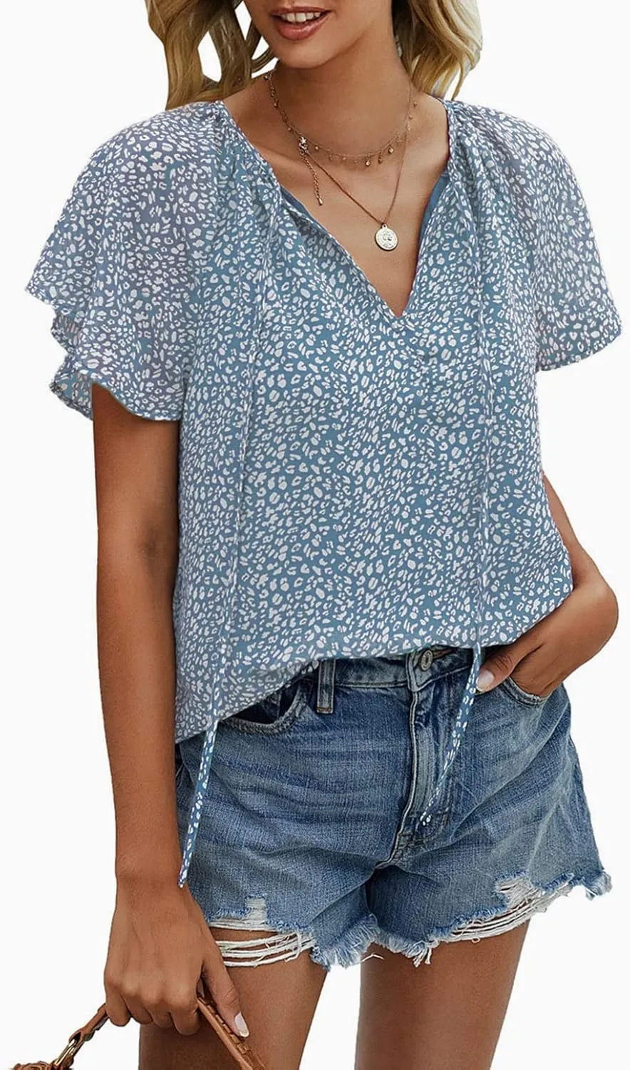 Mansy Women's Casual Floral Print V Neck Ruffle Short Sleeve Summer Shirts Tops Loose Blouses