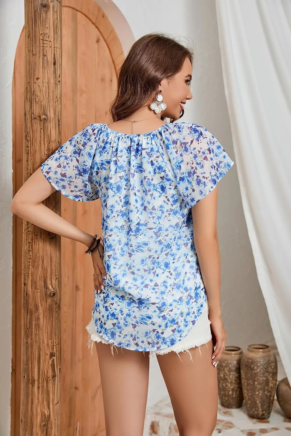 Mansy Women's Casual Floral Print V Neck Ruffle Short Sleeve Summer Shirts Tops Loose Blouses