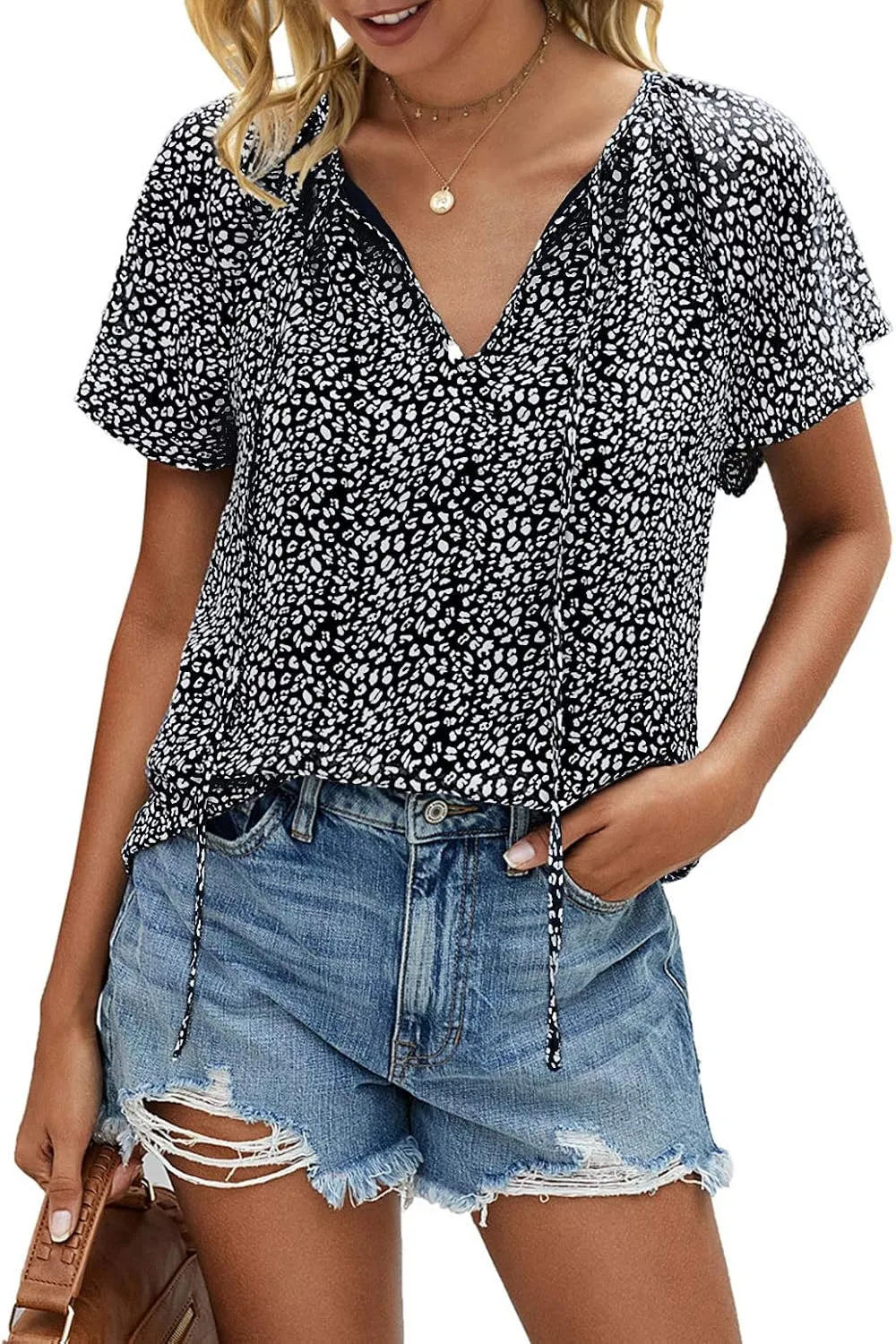 Mansy Women's Casual Floral Print V Neck Ruffle Short Sleeve Summer Shirts Tops Loose Blouses