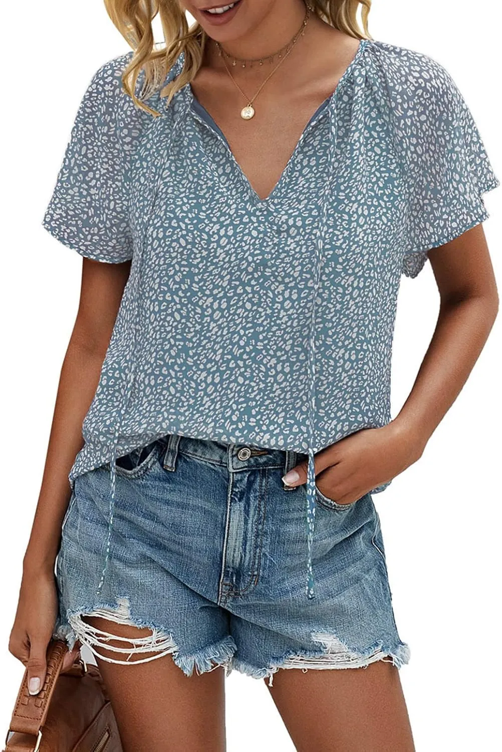 Mansy Women's Casual Floral Print V Neck Ruffle Short Sleeve Summer Shirts Tops Loose Blouses