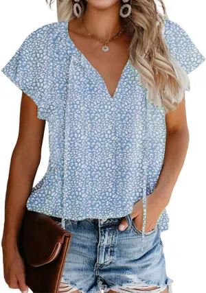 Mansy Women's Casual Floral Print V Neck Ruffle Short Sleeve Summer Shirts Tops Loose Blouses