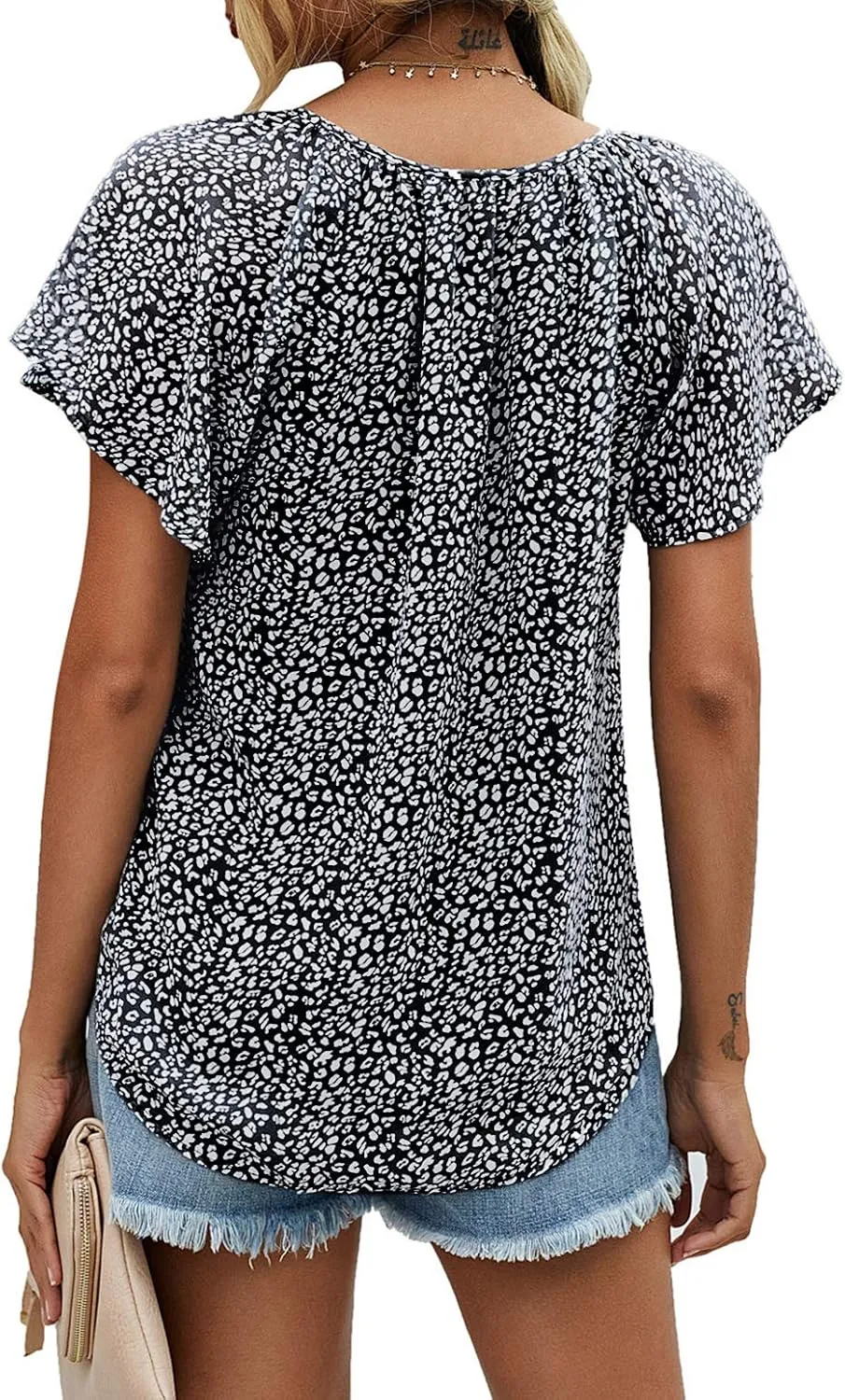 Mansy Women's Casual Floral Print V Neck Ruffle Short Sleeve Summer Shirts Tops Loose Blouses