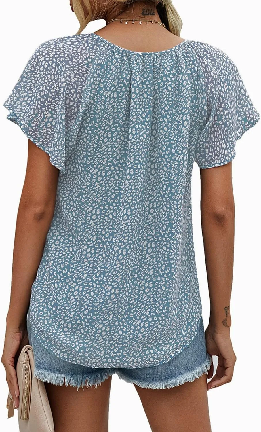 Mansy Women's Casual Floral Print V Neck Ruffle Short Sleeve Summer Shirts Tops Loose Blouses
