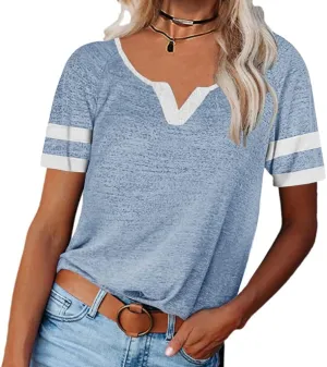 MaQiYa Womens V Neck Basic Tops Color Block Tunic T Shirts Summer Short Sleeve Casual Cotton Tees Shirts