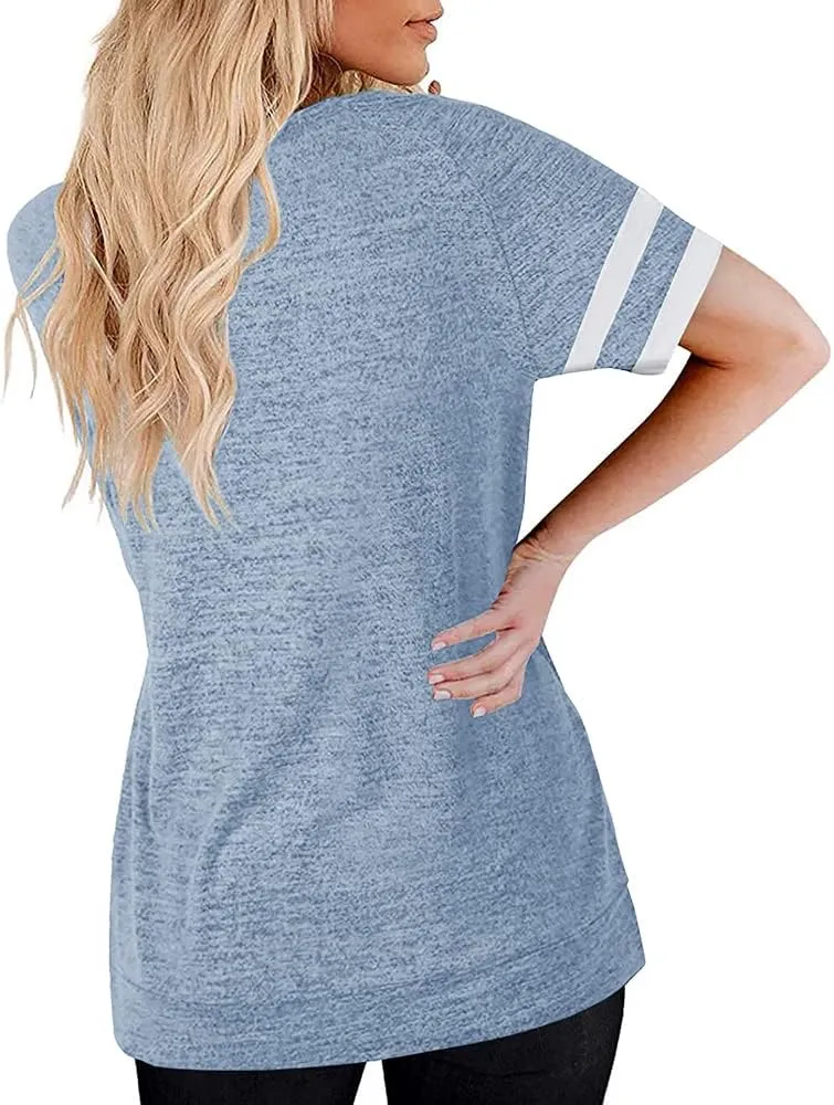 MaQiYa Womens V Neck Basic Tops Color Block Tunic T Shirts Summer Short Sleeve Casual Cotton Tees Shirts