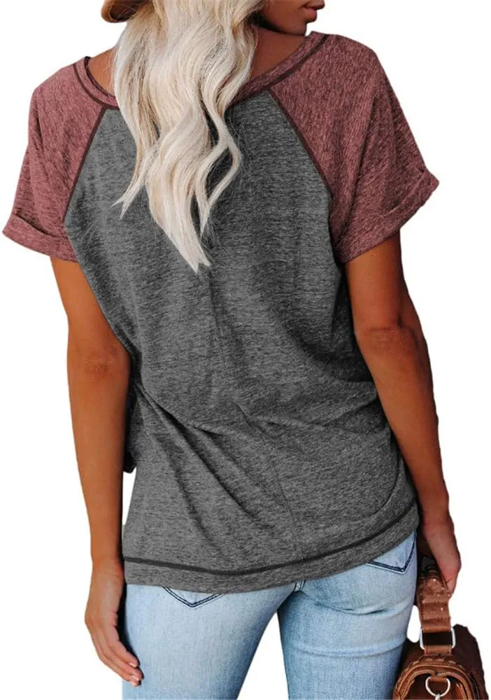 MaQiYa Womens V Neck Basic Tops Color Block Tunic T Shirts Summer Short Sleeve Casual Cotton Tees Shirts