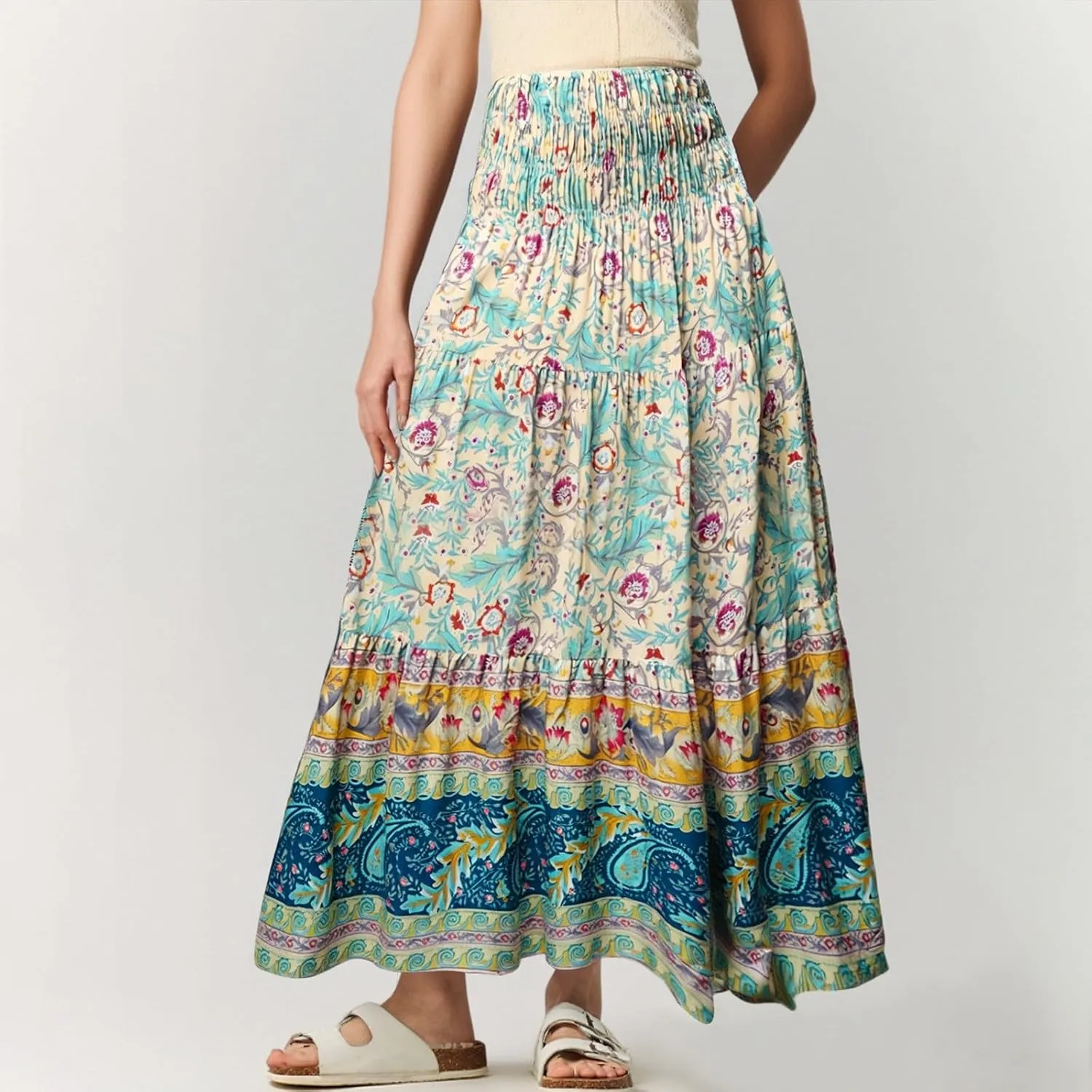 Maxi Boho Floral Skirts for Women 2025 Trendy Summer High Elastic Waist Long Flowy Skirts A Line Skorts