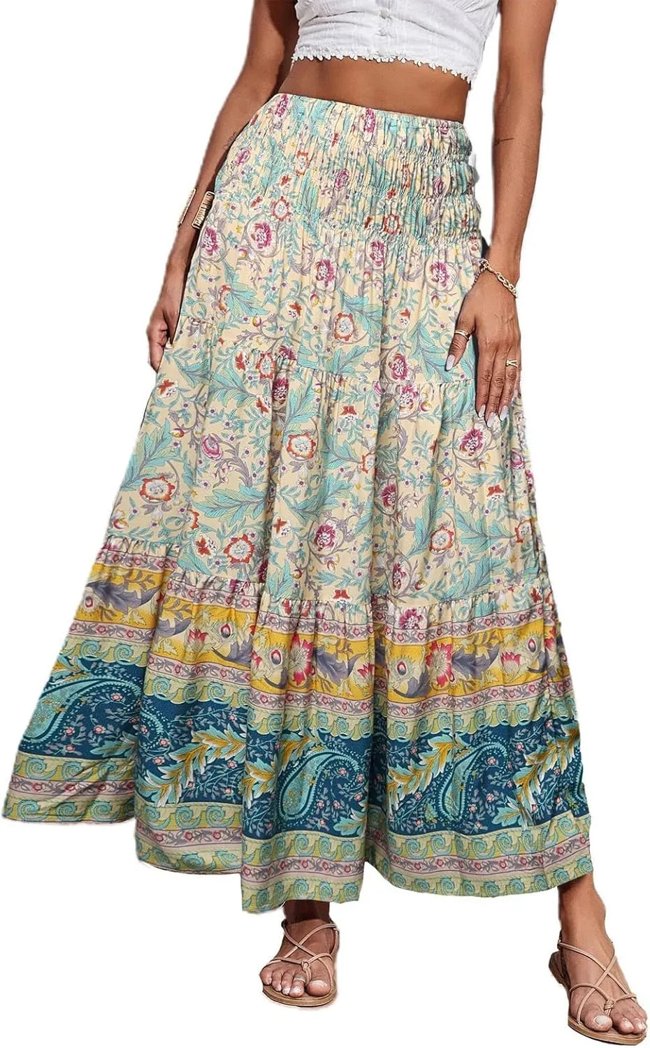 Maxi Boho Floral Skirts for Women 2025 Trendy Summer High Elastic Waist Long Flowy Skirts A Line Skorts