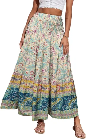 Maxi Boho Floral Skirts for Women 2025 Trendy Summer High Elastic Waist Long Flowy Skirts A Line Skorts