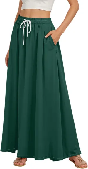 Maxi Floral Flare Skirts for Women 2025 Boho Long Flowy Smocked A Line Skirt High Elastic Waist Skort with Pockets