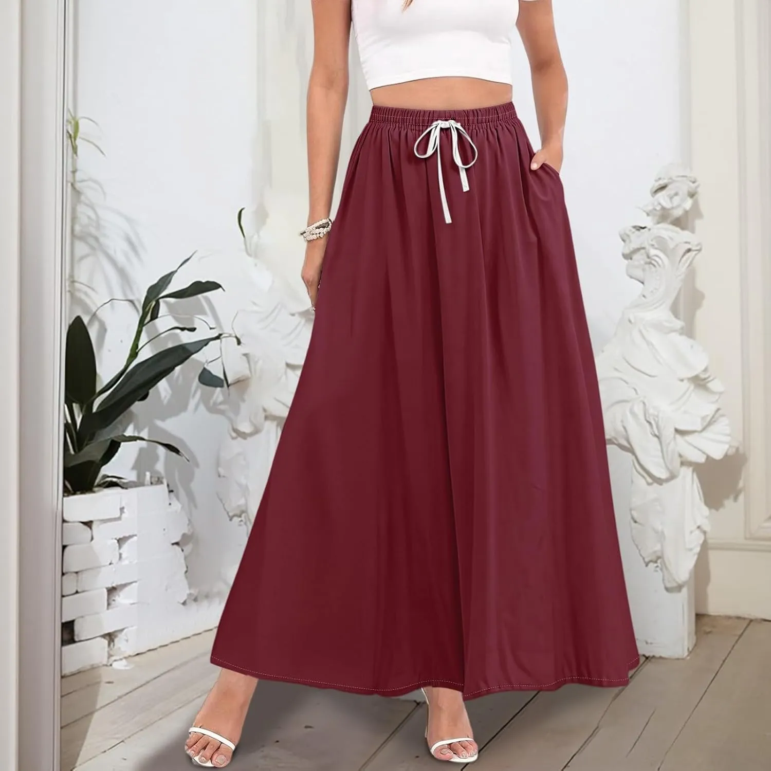 Maxi Floral Flare Skirts for Women 2025 Boho Long Flowy Smocked A Line Skirt High Elastic Waist Skort with Pockets