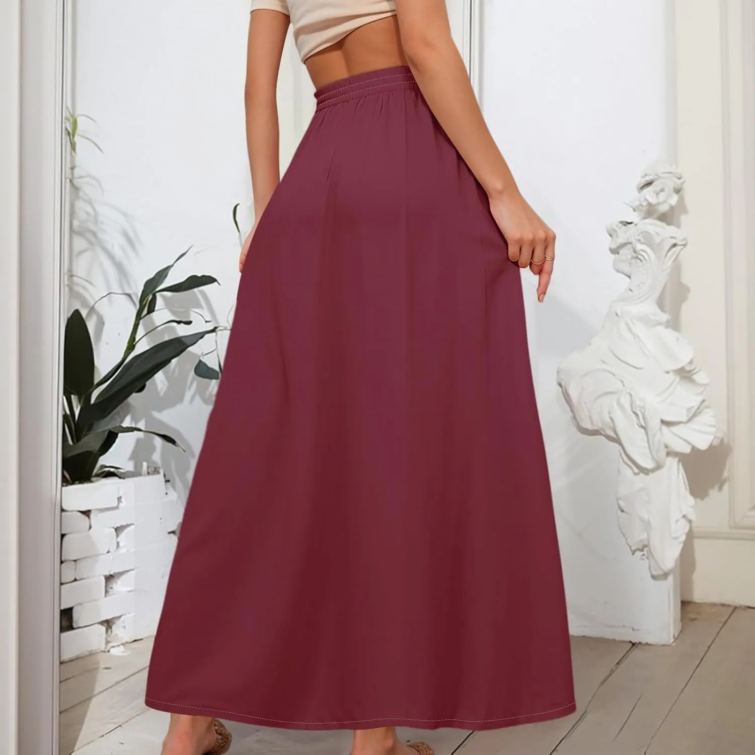Maxi Floral Flare Skirts for Women 2025 Boho Long Flowy Smocked A Line Skirt High Elastic Waist Skort with Pockets