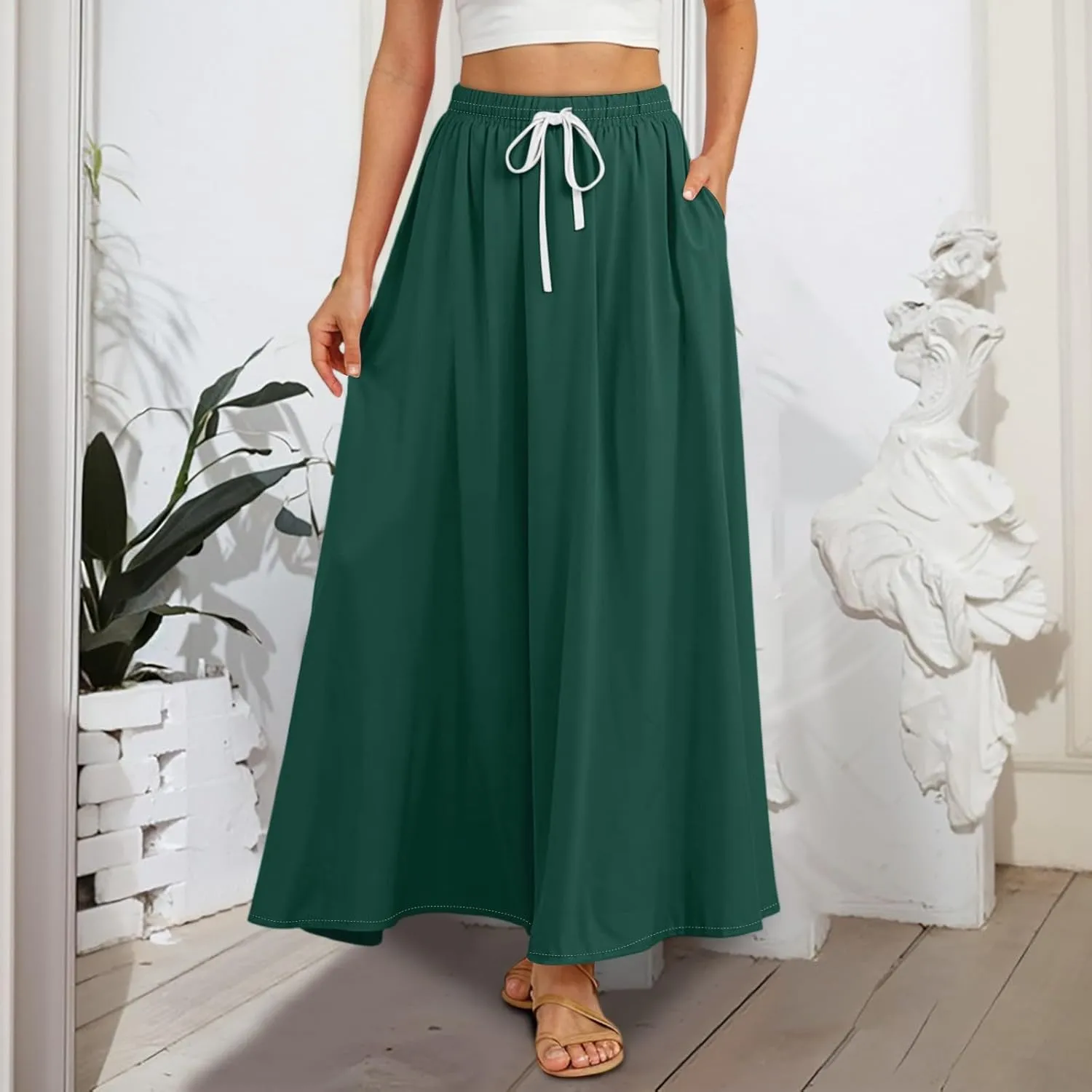 Maxi Floral Flare Skirts for Women 2025 Boho Long Flowy Smocked A Line Skirt High Elastic Waist Skort with Pockets