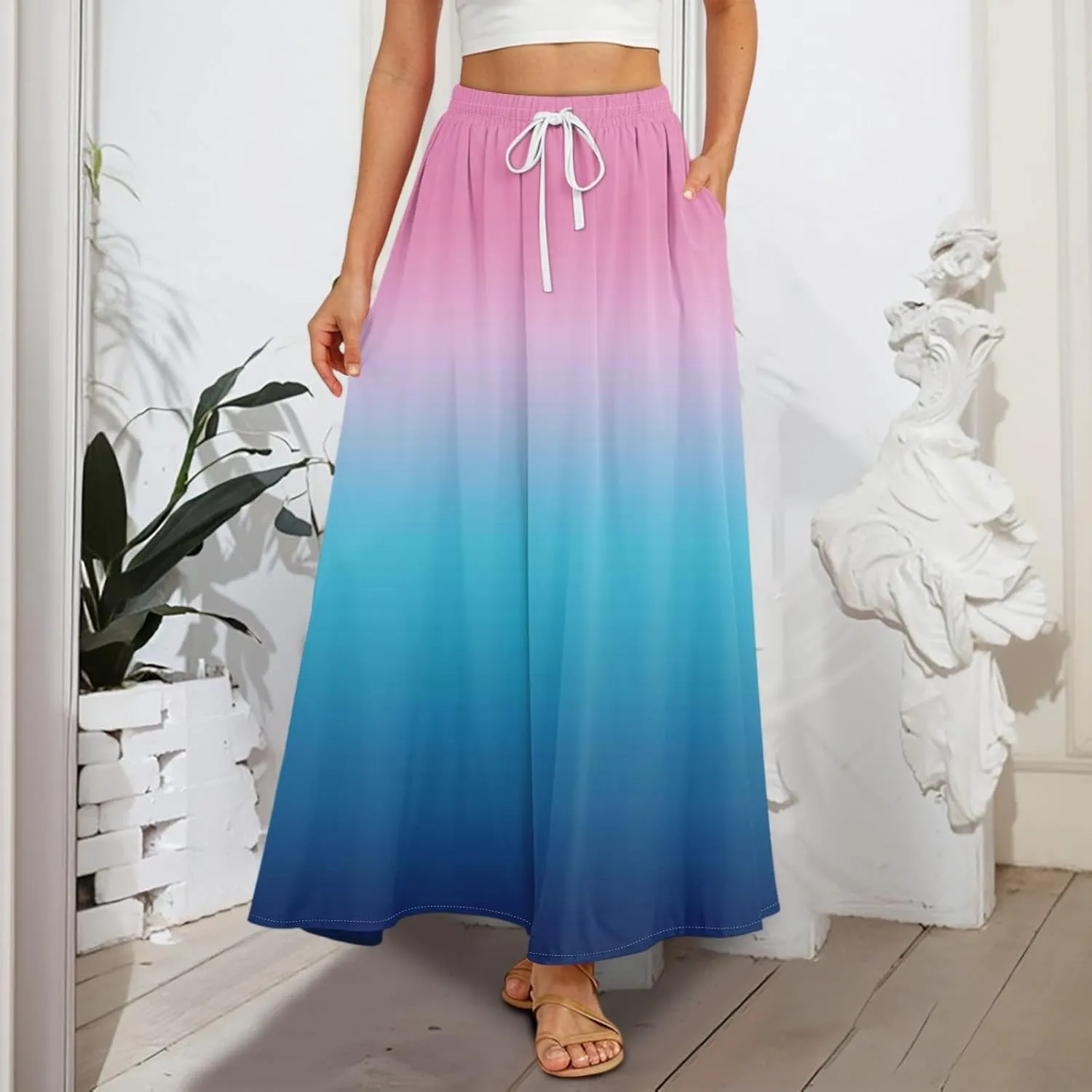 Maxi Floral Flare Skirts for Women 2025 Boho Long Flowy Smocked A Line Skirt High Elastic Waist Skort with Pockets