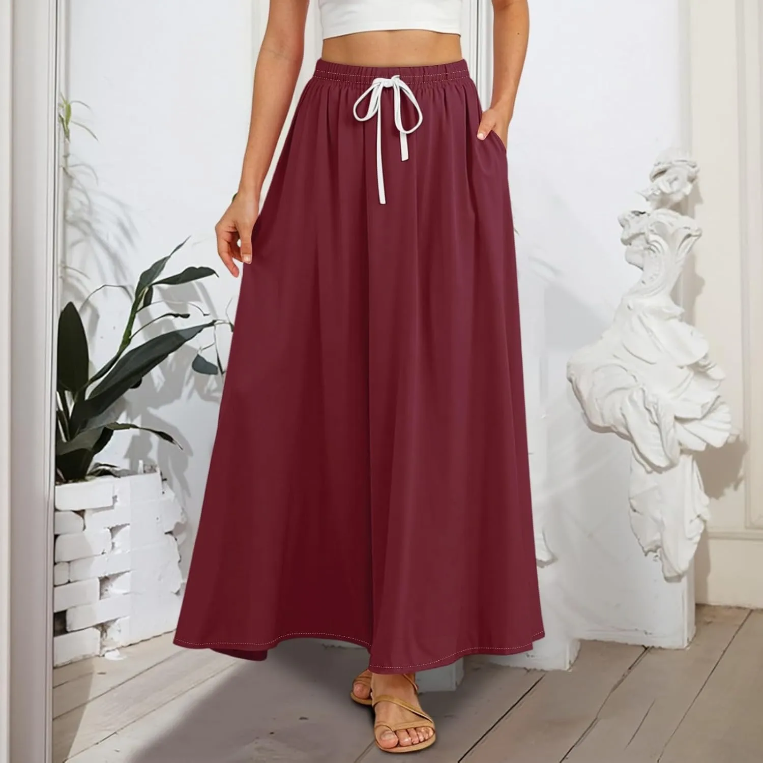 Maxi Floral Flare Skirts for Women 2025 Boho Long Flowy Smocked A Line Skirt High Elastic Waist Skort with Pockets