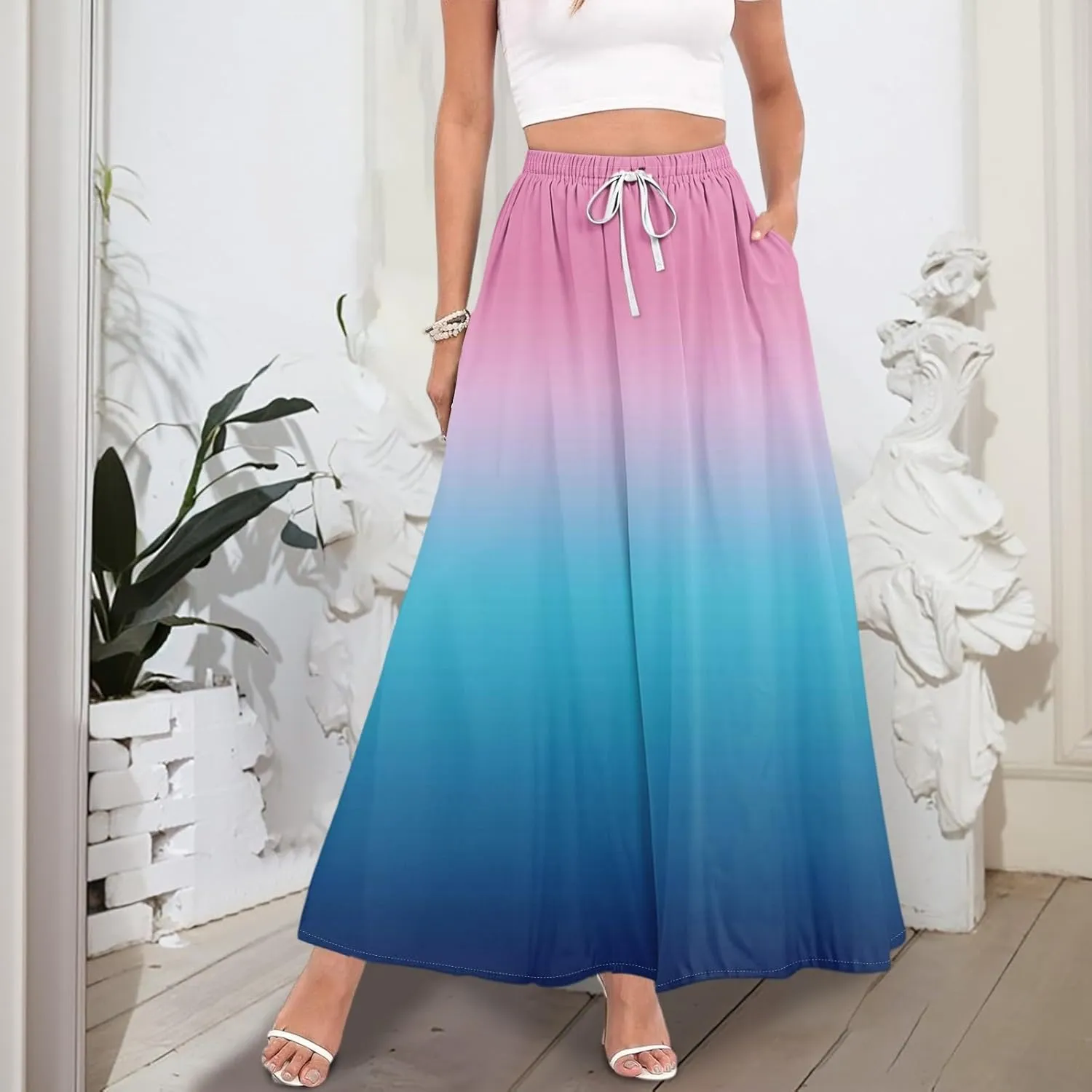 Maxi Floral Flare Skirts for Women 2025 Boho Long Flowy Smocked A Line Skirt High Elastic Waist Skort with Pockets