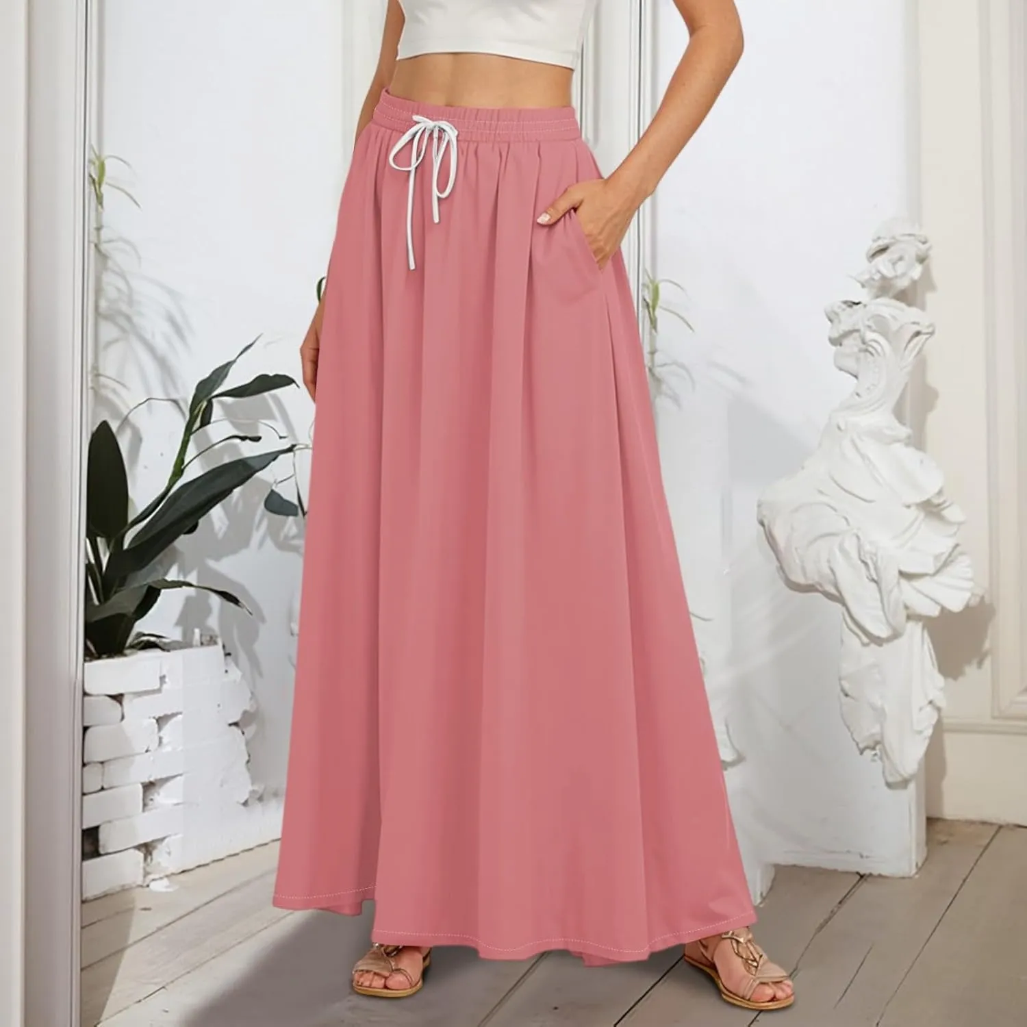 Maxi Floral Flare Skirts for Women 2025 Boho Long Flowy Smocked A Line Skirt High Elastic Waist Skort with Pockets