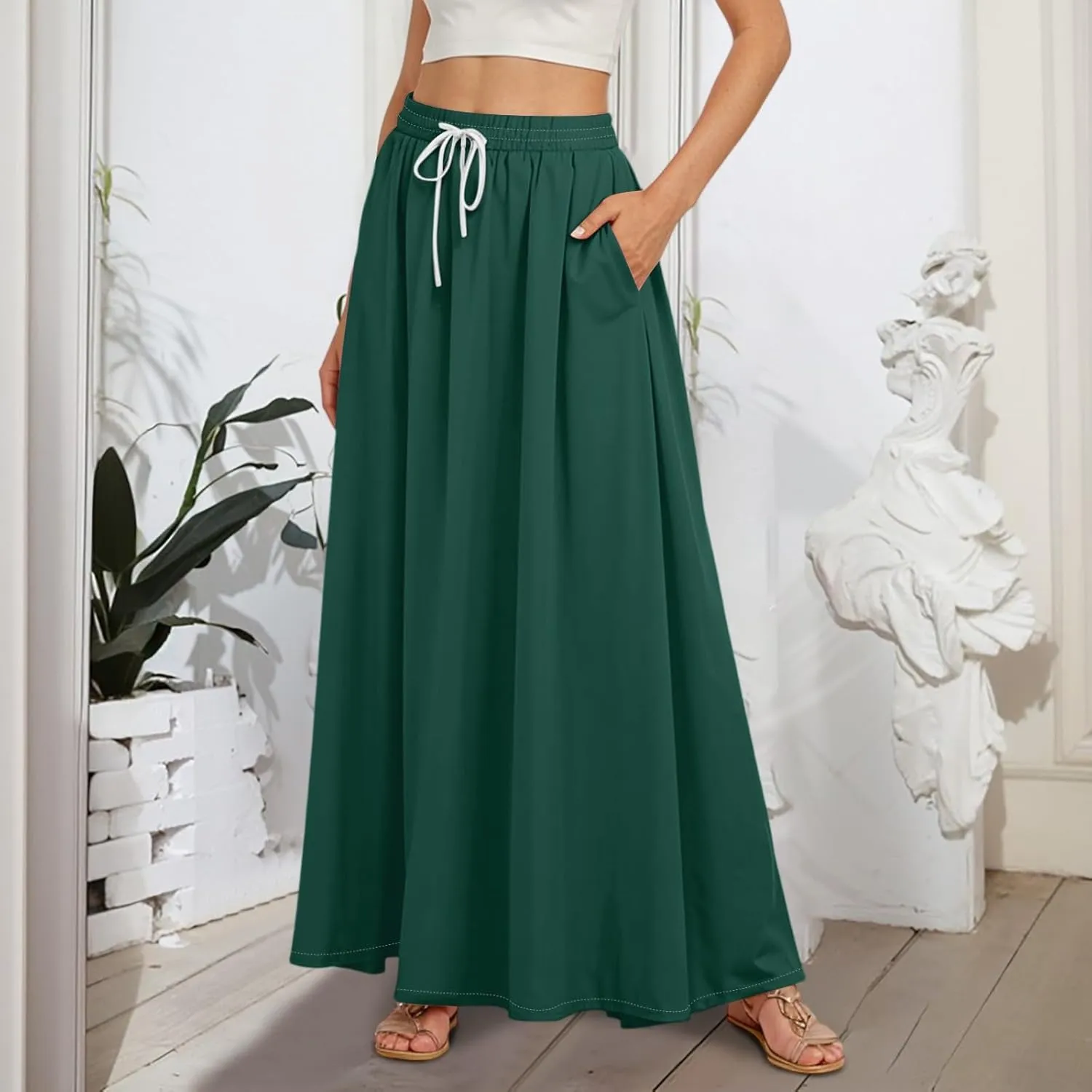 Maxi Floral Flare Skirts for Women 2025 Boho Long Flowy Smocked A Line Skirt High Elastic Waist Skort with Pockets