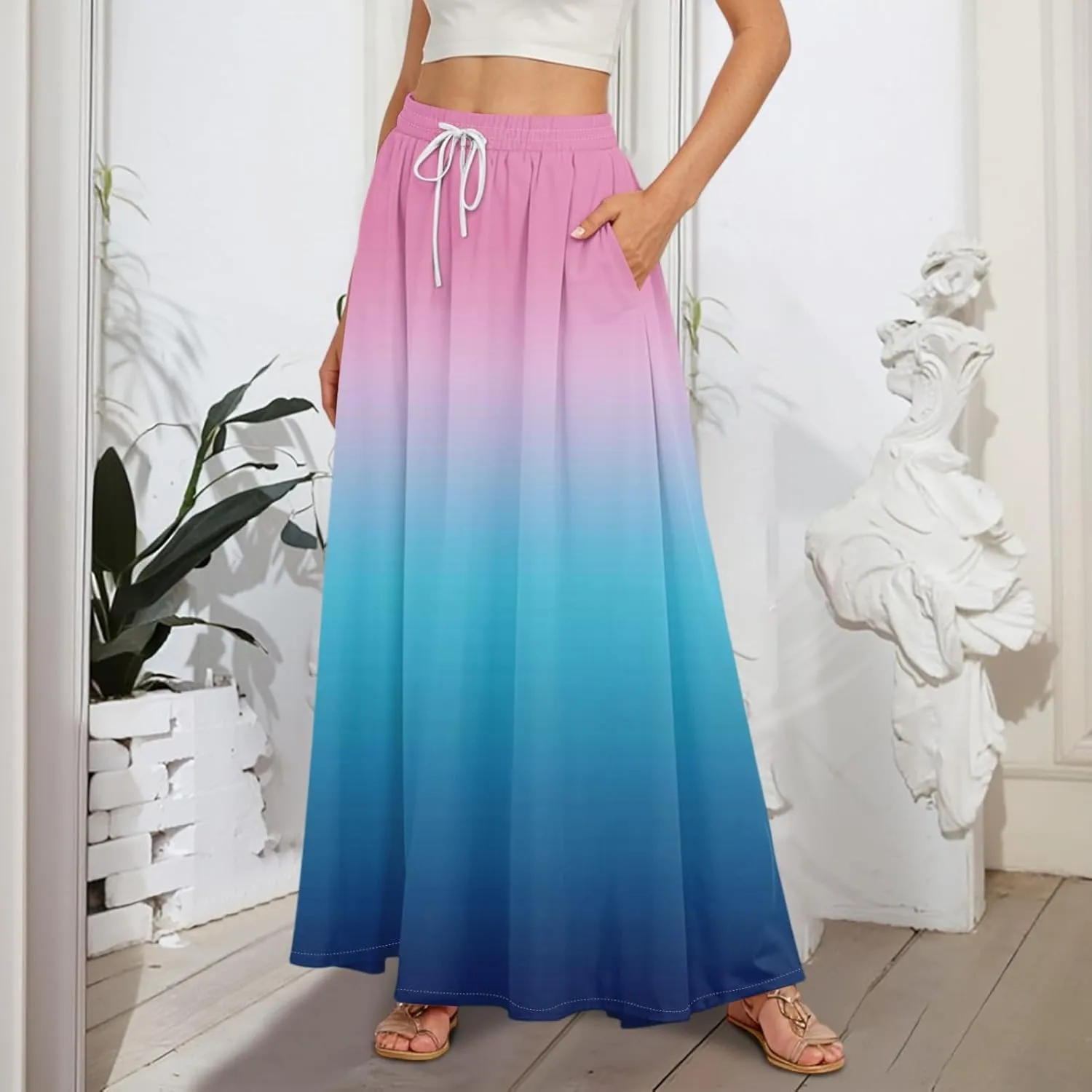 Maxi Floral Flare Skirts for Women 2025 Boho Long Flowy Smocked A Line Skirt High Elastic Waist Skort with Pockets