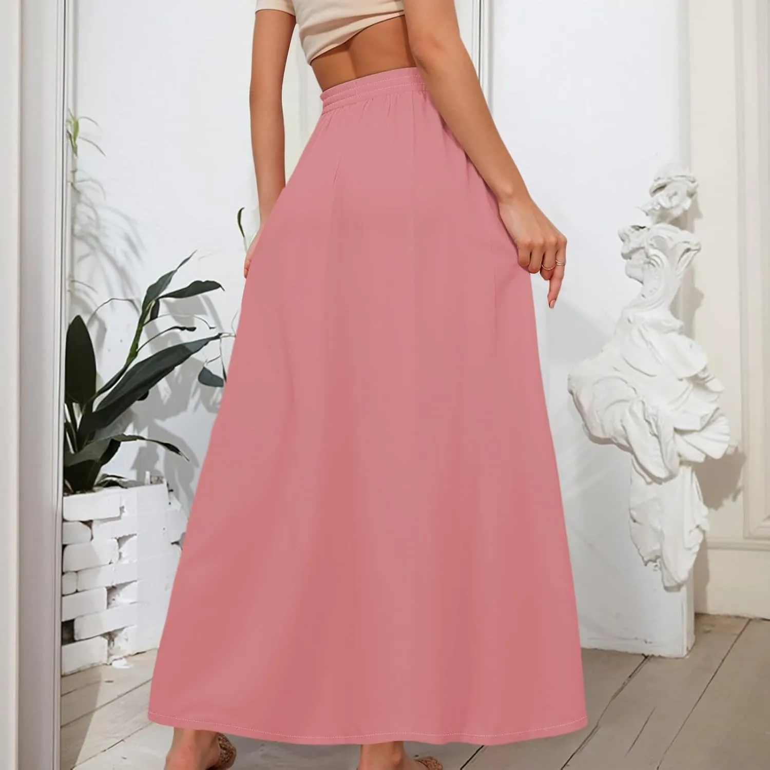 Maxi Floral Flare Skirts for Women 2025 Boho Long Flowy Smocked A Line Skirt High Elastic Waist Skort with Pockets