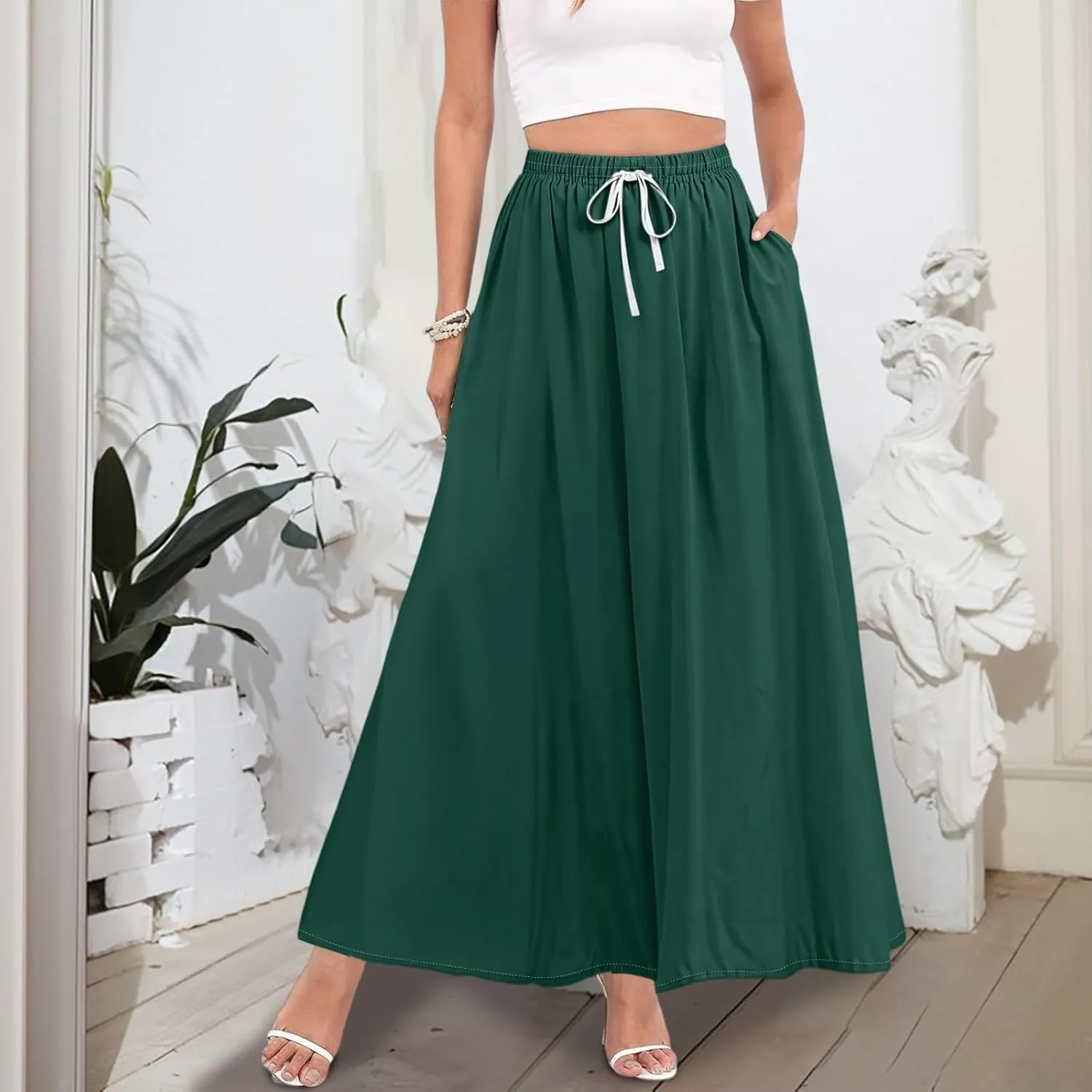 Maxi Floral Flare Skirts for Women 2025 Boho Long Flowy Smocked A Line Skirt High Elastic Waist Skort with Pockets