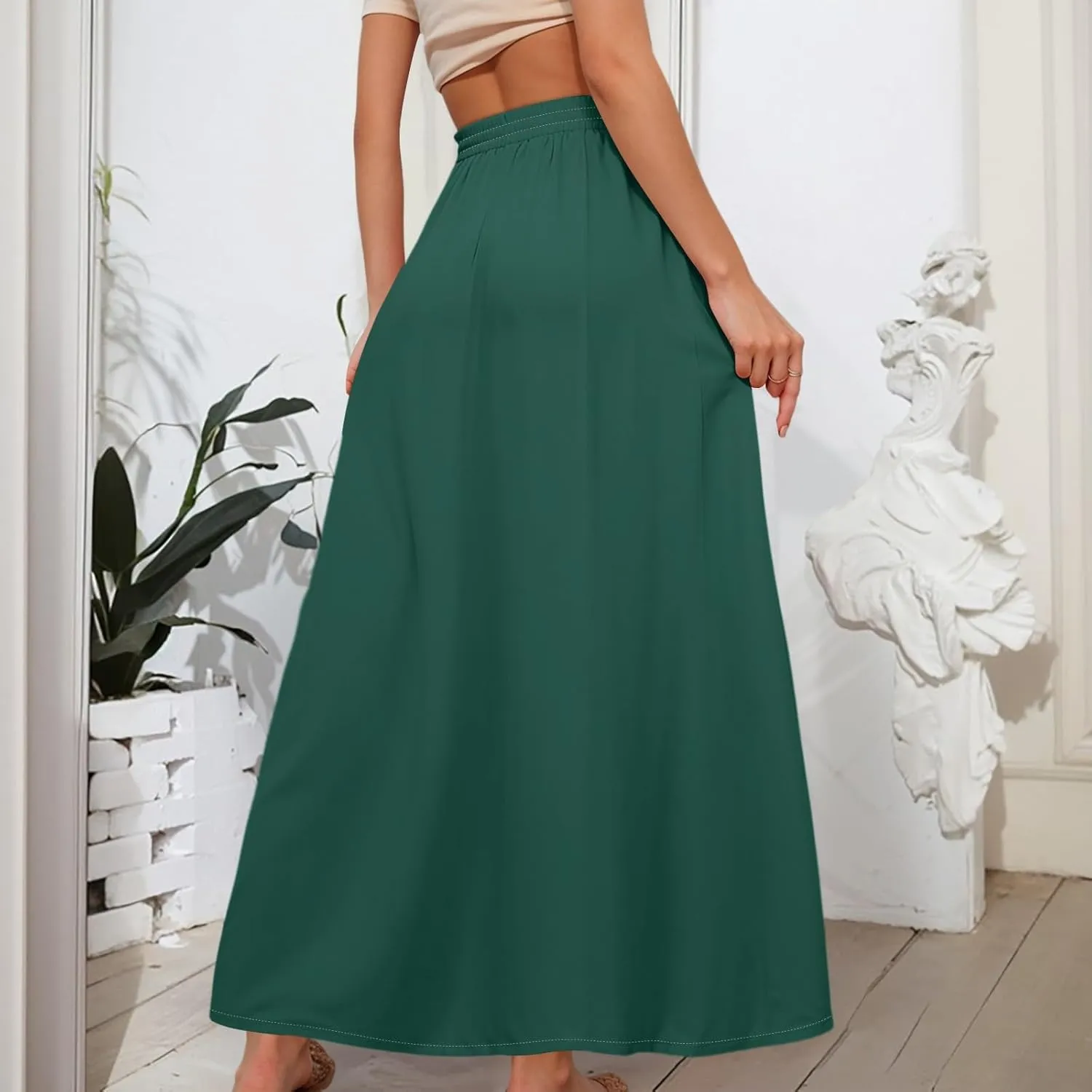 Maxi Floral Flare Skirts for Women 2025 Boho Long Flowy Smocked A Line Skirt High Elastic Waist Skort with Pockets