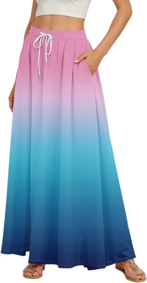 Maxi Floral Flare Skirts for Women 2025 Boho Long Flowy Smocked A Line Skirt High Elastic Waist Skort with Pockets