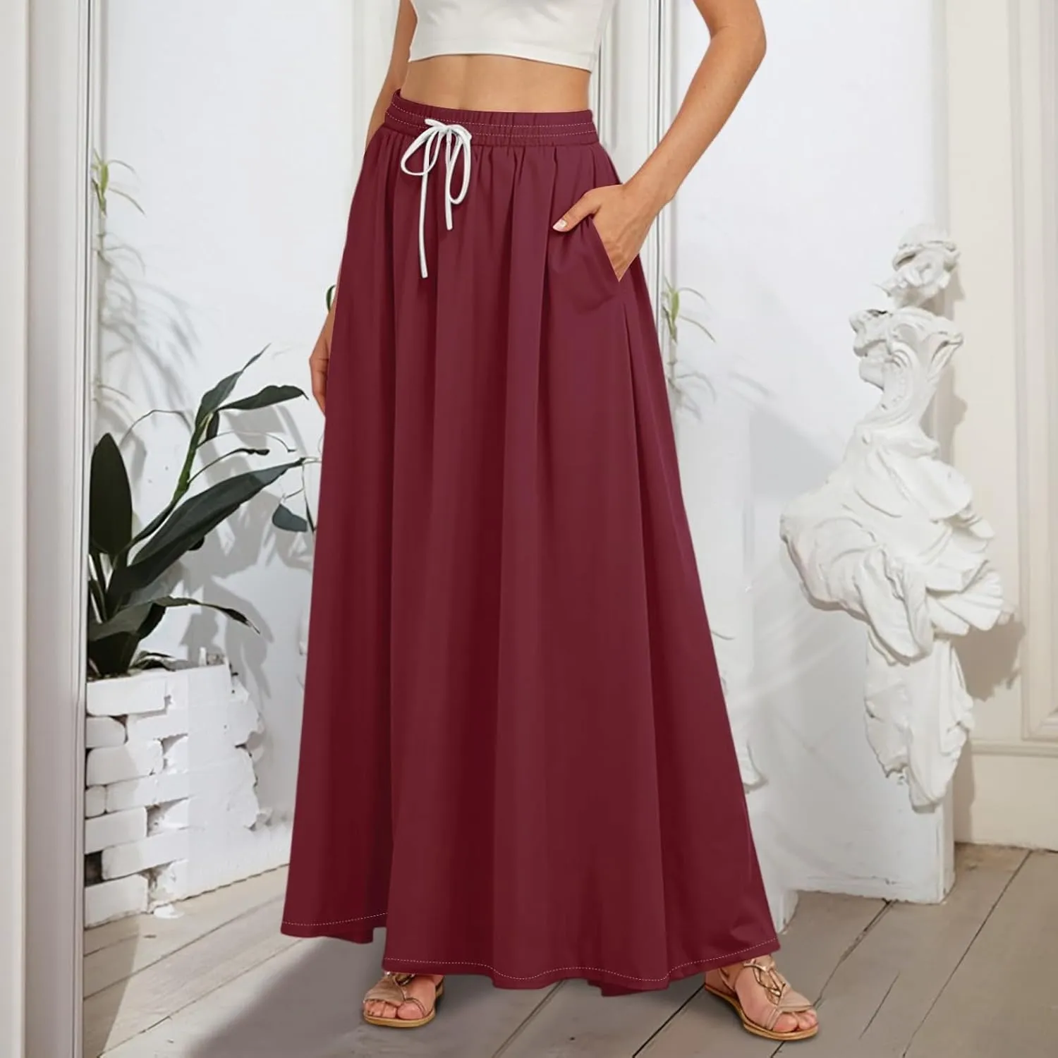 Maxi Floral Flare Skirts for Women 2025 Boho Long Flowy Smocked A Line Skirt High Elastic Waist Skort with Pockets
