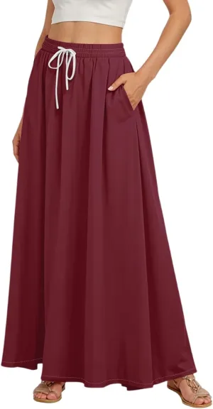 Maxi Floral Flare Skirts for Women 2025 Boho Long Flowy Smocked A Line Skirt High Elastic Waist Skort with Pockets