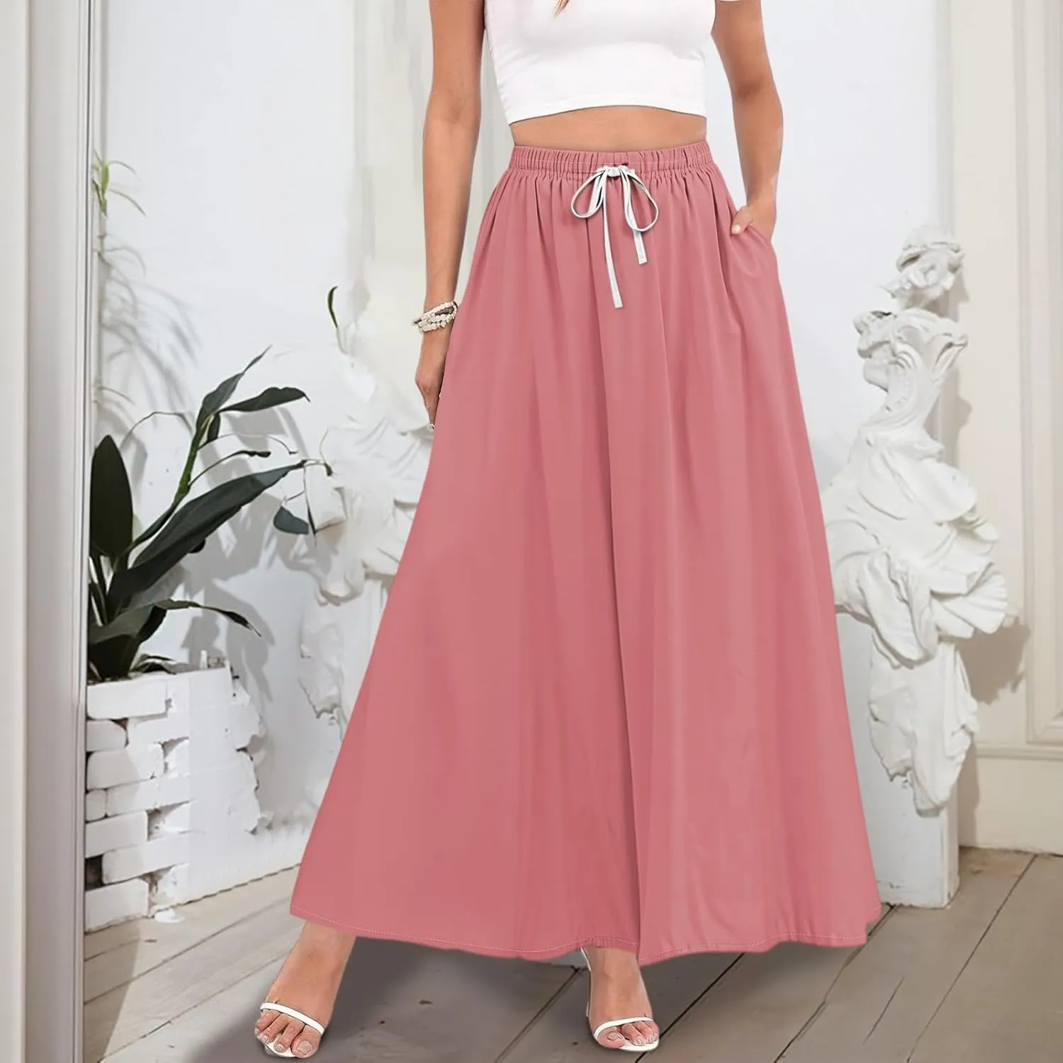Maxi Floral Flare Skirts for Women 2025 Boho Long Flowy Smocked A Line Skirt High Elastic Waist Skort with Pockets