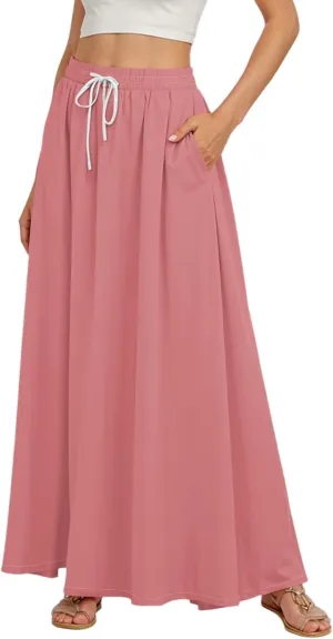 Maxi Floral Flare Skirts for Women 2025 Boho Long Flowy Smocked A Line Skirt High Elastic Waist Skort with Pockets