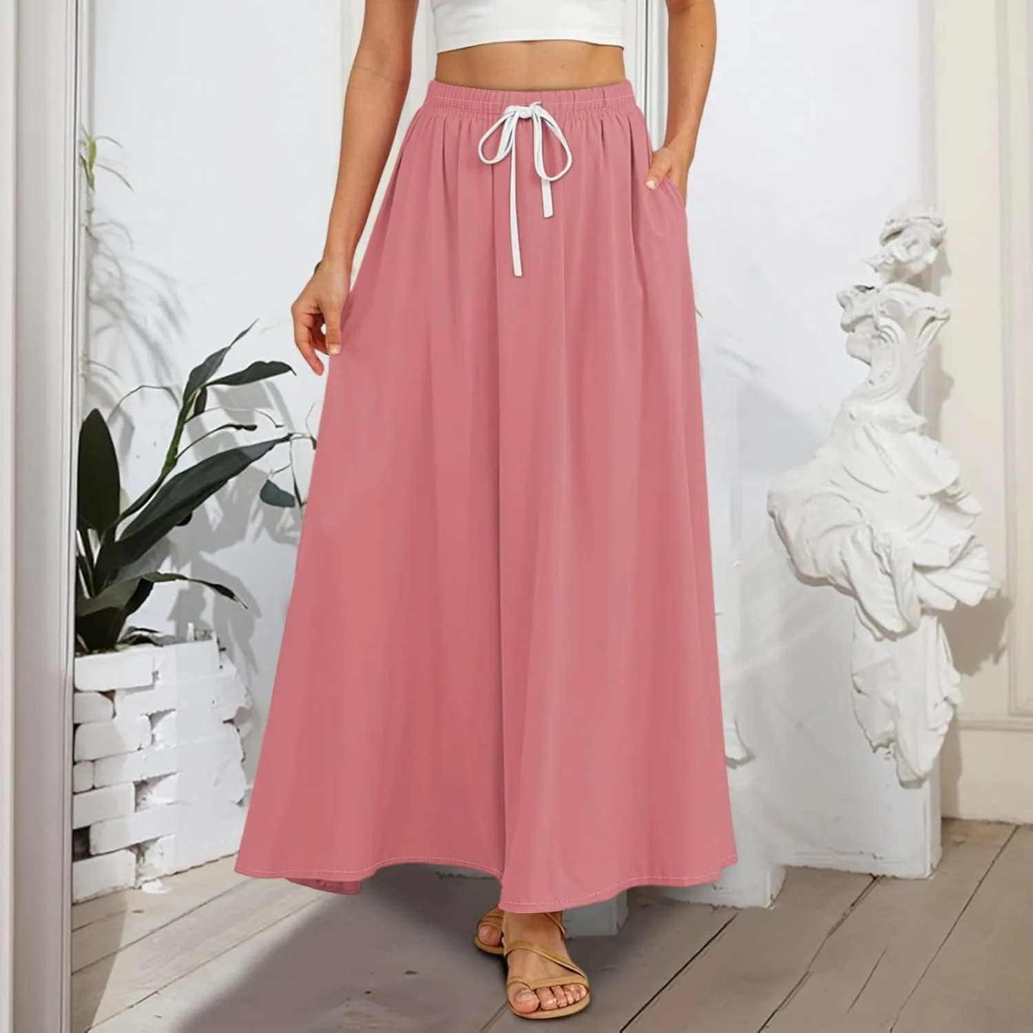Maxi Floral Flare Skirts for Women 2025 Boho Long Flowy Smocked A Line Skirt High Elastic Waist Skort with Pockets