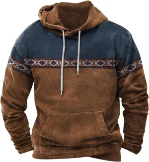 Mens Aztec Hoodie Western Hooded Sweatshirt Casual Vintage Long Sleeve Drawstring Cowboy Pullover with Pocket